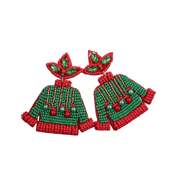 Jewelry - Holiday Beaded Sweater Earrings – Red & Green Christmas Statement Jewelry